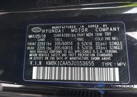 2018 Hyundai Kona Se from USA, damaged, VIN KM8K1CAA5JU153655